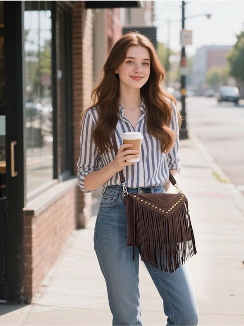 NWT, Brown Western Boho Suede Fringe Crossbody Bag with Stud Details - Picture 11 of 13